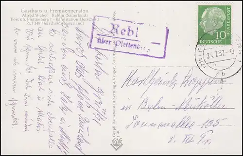 Landpost Reblin sur PLETTENBERG 24.7.1957 sur AK Versetalverbörde / Sauerland