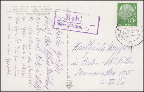 Landpost Reblin über PLETTENBERG 24.7.1957 auf AK Versetalsperre / Sauerland