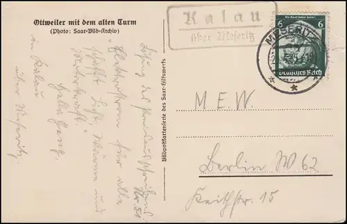 Pays-post Kalau sur Meseritz 29.4.1935 sur AK Ottweiler avec la vieille tour