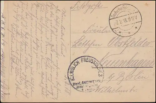 Feldpost BS Königl. Preuss. 8. Landwehr-Infanterie-Regiment 7.2.18, AK Bukarest