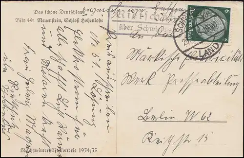Landpost Rietschütz über SCHWIEBUS LAND 29.4.35, AK Neuenstein/Schloß Hohenlohe