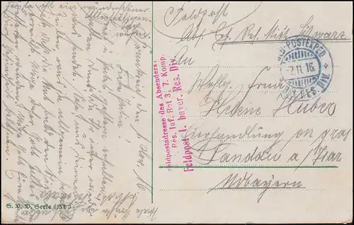 Poste de terrain BS Res. Inf.-Reg. 3. 7. Comp. 2.11.16, Patriotisme-AK Unig Fest Feld Führer