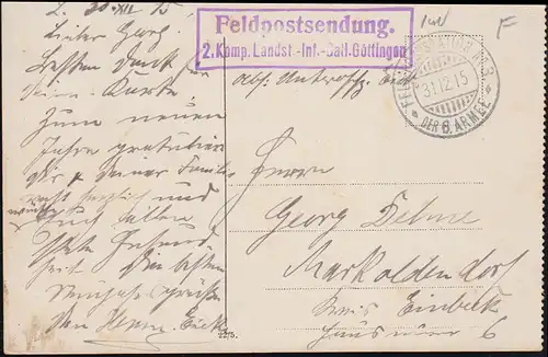 Feldpost BS 2. Komp. Landsturm-Infanterie-Batl. Göttingen, 31.12.15 auf AK Lille