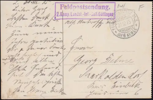 Poste de terrain BS 2. Compar. Batil d'infanterie Landsturm Göttingen, 31.12.15 sur AK Lille