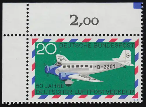 576 Luftpostverkehr 20 Pf Junkers ** Ecke o.l.