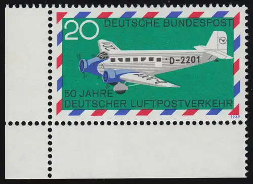 576 Luftpostverkehr 20 Pf Junkers ** Ecke u.l.