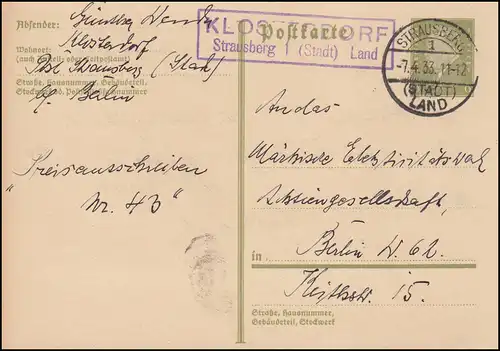 Landpost Klosterdorf  Strausberg 1 (Stadt) Land 7.4.1933 auf Ganzsache