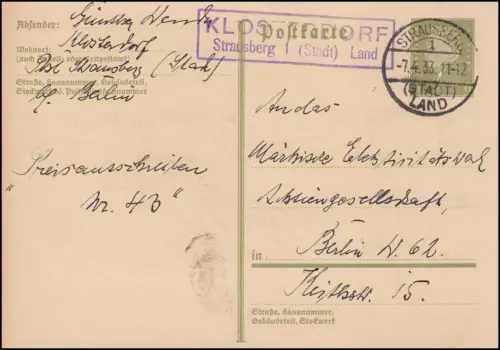 Landpost Klosterdorf  Strausberg 1 (Stadt) Land 7.4.1933 auf Ganzsache