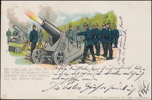 Karikatur-AK Artillerie: Geschütz mit Gedicht, RODENKIRCHEN (RHEIN) 10.5.1907