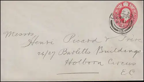Großbritannien Privatumschlag PU 21 LONDON 11.8.1903 Ortsbrief nach Holborn