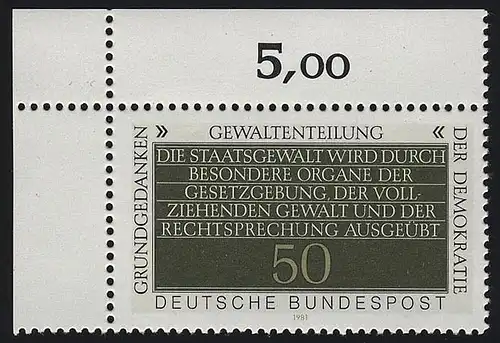 1106 Demokratie 50 Pf Gewaltenteillung ** Ecke o.l.