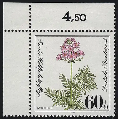 1110 Wohlfahrt Wasserfeder 60+30 Pf ** Ecke o.l.