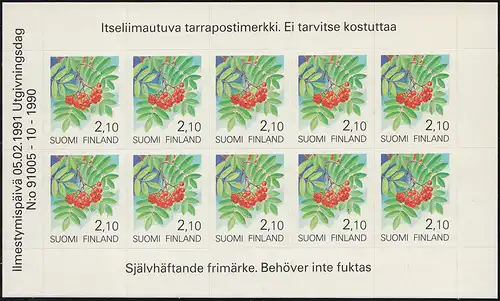 Finlande 1129 Plantes: Eberesche 1991, autocollant, feuille ** / MNH