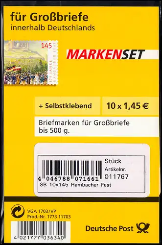 68aSBdb MH Hambacher Fest, avec un point vert dans le blister SB Label C, frais de port **