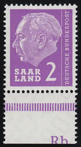 Saarland 381 Heuss 2 (Fr) 1957 - Unterrand mit Druckerzeichen Rb, ungefaltet, **