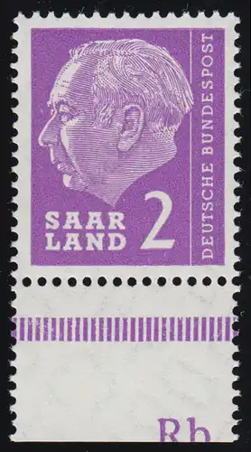 Sarre 381 Heuss 2 (Fr) 1957 - Sous-rand avec signe d'imprimante Rb, non plié, **