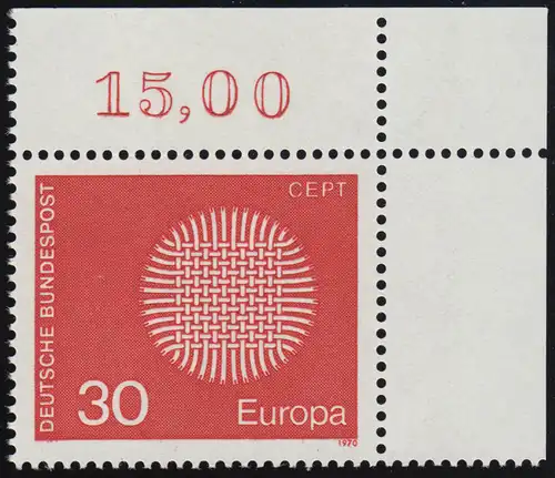 621 Europe 30 Pf Symbol solaire ** coin o.r.