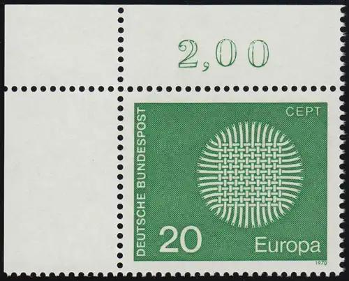 620 Europe 20 Pf Symbol solaire ** coin o.l.