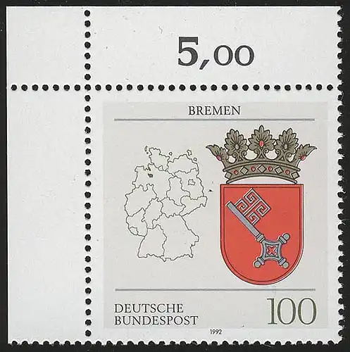 1590 Länderwappen Bremen 100 Pf ** Ecke o.l.