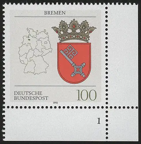 1590 Länderwappen Bremen 100 Pf ** FN1