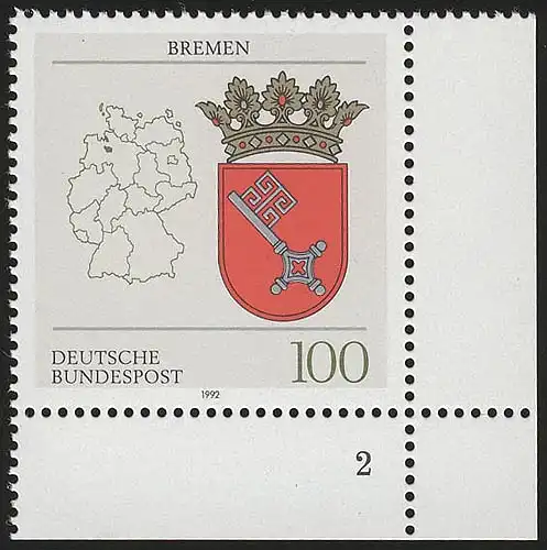 1590 Länderwappen Bremen 100 Pf ** FN2