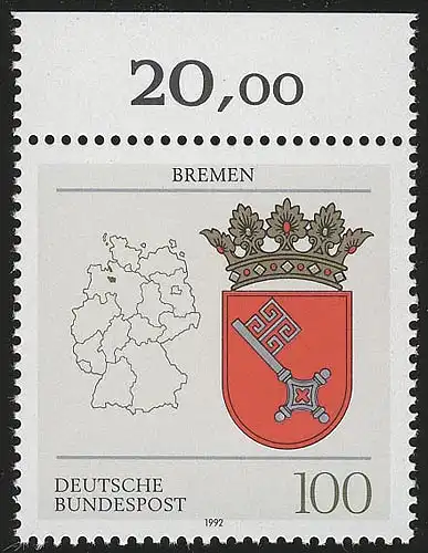 1590 Länderwappen Bremen 100 Pf ** Oberrand