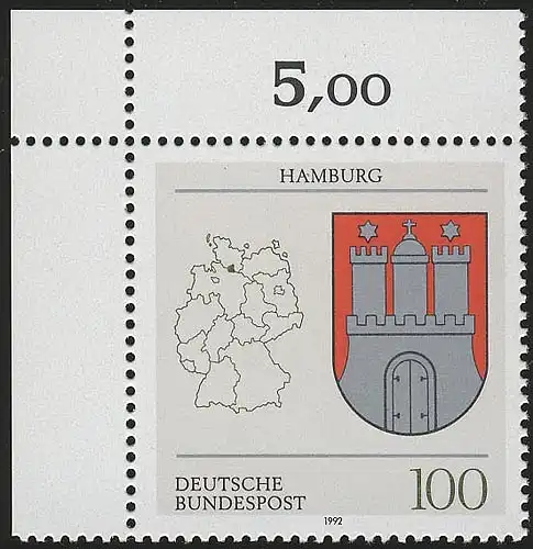 1591 Länderwappen Hamburg 100 Pf ** Ecke o.l.