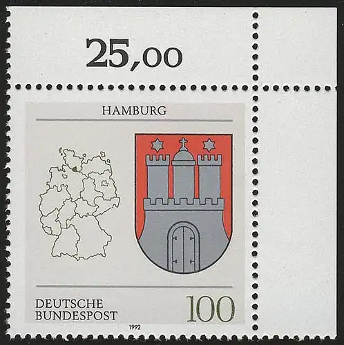 1591 Länderwappen Hamburg 100 Pf ** Ecke o.r.