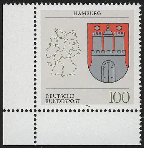 1591 Länderwappen Hamburg 100 Pf ** Ecke u.l.