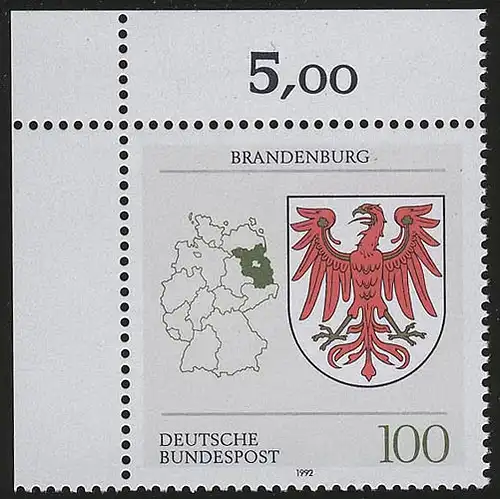 1589 Länderwappen Brandenburg 100 Pf ** Ecke o.l.