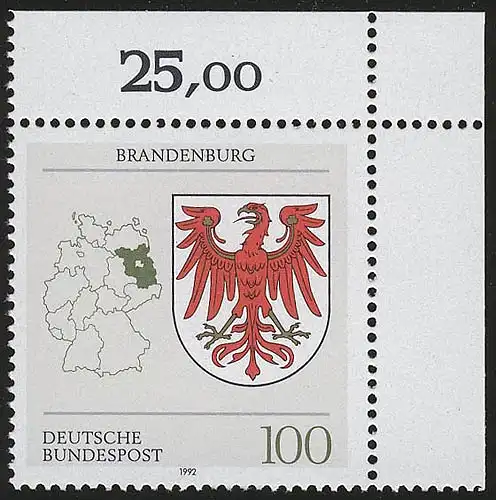 1589 Länderwappen Brandenburg 100 Pf ** Ecke o.r.