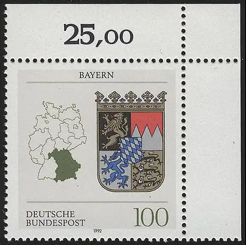 1587 Länderwappen Bayern 100 Pf ** Ecke o.r.