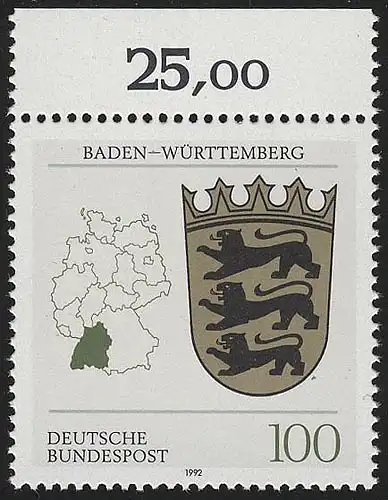 1586 Länderwappen Baden-Württemberg 100 Pf ** Oberrand