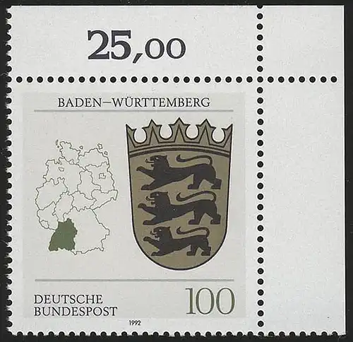 1586 Länderwappen Baden-Württemberg 100 Pf ** Ecke o.r.