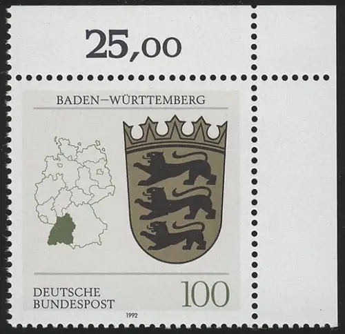 1586 Länderwappen Baden-Württemberg 100 Pf ** Ecke o.r.