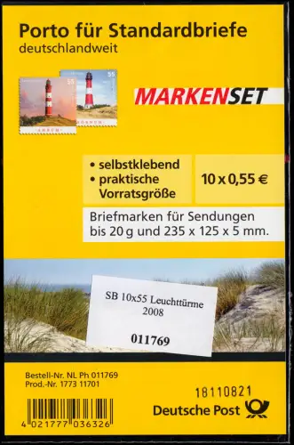 75a SB 8 - A MH Leuchttürme 2008, Blister mit Label A, postfrisch **