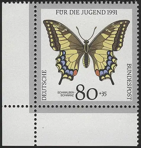 1516 Jugend Schmetterlinge 80+35 Pf ** Ecke u.l.