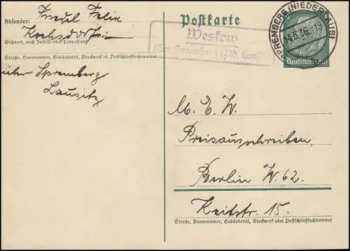 Landpost Weskow über SPREMBERG (NIEDERLAUSITZ) 14.5.36 auf Postkarte nach Berlin