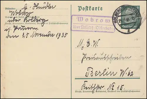 Landpost Wobrow via KOLBERG (OSTSEEBAD) 25.11.35 sur carte postale pour Berlin