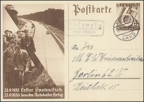 Landpost Polenzig über REPPEN (LAND) 2.11.36 auf Sonderpostkarte nach Berlin