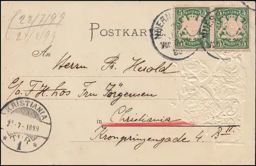Prägedruck AK Nürnberg Henkersteg, NÜRNBERG 19.7.1899 nach KRISTIAN 22.7.99