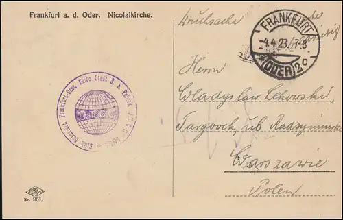 AK Francfort-sur-le-Main: Nicolaikirche, FRANKFURT (ODER) 2c 4.4.1923