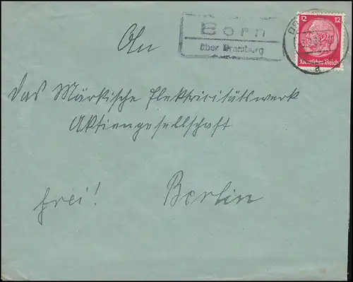 Landpost Born über DRAMBURG 3.2.38 auf Brief nach Berlin