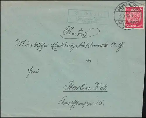 Landpost Buchholz sur WERNEUCHEN (Kr. OBERBARNIMI) PAYS 3.9.38 sur lettre