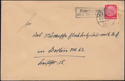 Landpost Bassbrunnen au sujet de JÜTERBOG LAND 30.3.38 sur lettre à Berlin