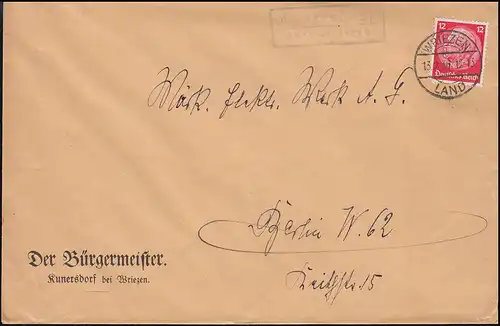 Landpost Cunersdorf sur WRIEZEN LAND 13.2.36 sur lettre à Berlin