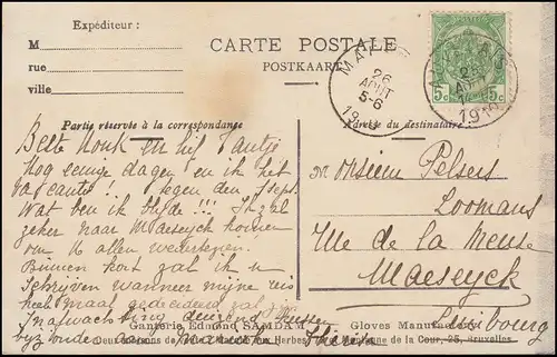 Belgique Carte visuelle: Ganterie d'Edmond Samdam, AUVELAIS 25.8.1910