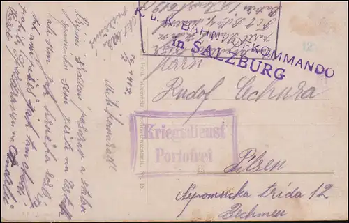 Feldpost Zensur K.u.k. Bahnhofkommando Salzburg, passende AK, geschrieben 1917 
