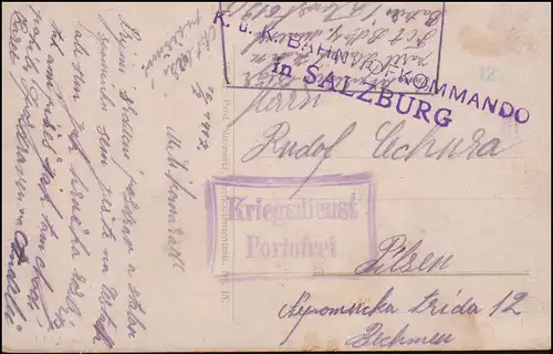 Feldpost Zensur K.u.k. Bahnhofkommando Salzburg, passende AK, geschrieben 1917