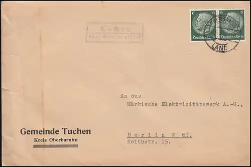 Landpost Tuchen sur EBERSWALDE LAND 20.2.38 sur lettre à Berlin